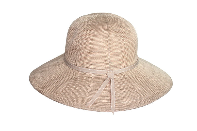 Suzi Capeline sun hat in beige with a 9cm brim, ribbon trim, packable design, and UV Protection Factor 50+.