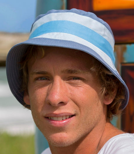 Blue striped bucket hat with adjustable size and UV protection, perfect for beach and casual outings.