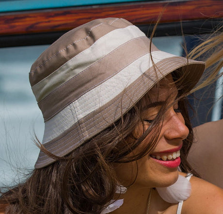 Unisex striped bucket sun hat with UV protection, adjustable size, perfect for beach outings and casual wear.