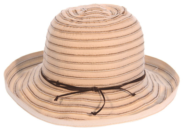 Cream ribbon braid sun hat in Breton style, adjustable size, offers UV protection with PF 50+ for superior sun safety.