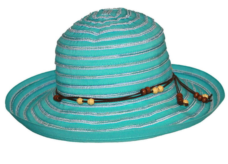 Turquoise ribbon braid Breton sun hat, adjustable M/L size, with PF 50+ UV protection for superior sun safety.