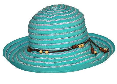 Turquoise ribbon braid Breton sun hat, adjustable M/L size, with PF 50+ UV protection for superior sun safety.