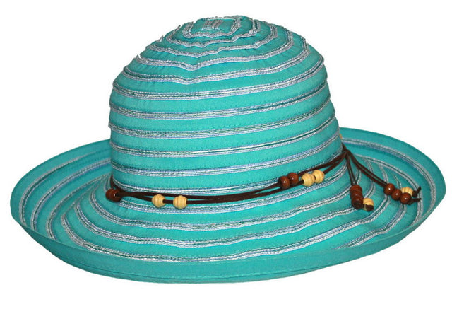 Turquoise ribbon braid Breton sun hat, adjustable M/L size, with PF 50+ UV protection for superior sun safety.