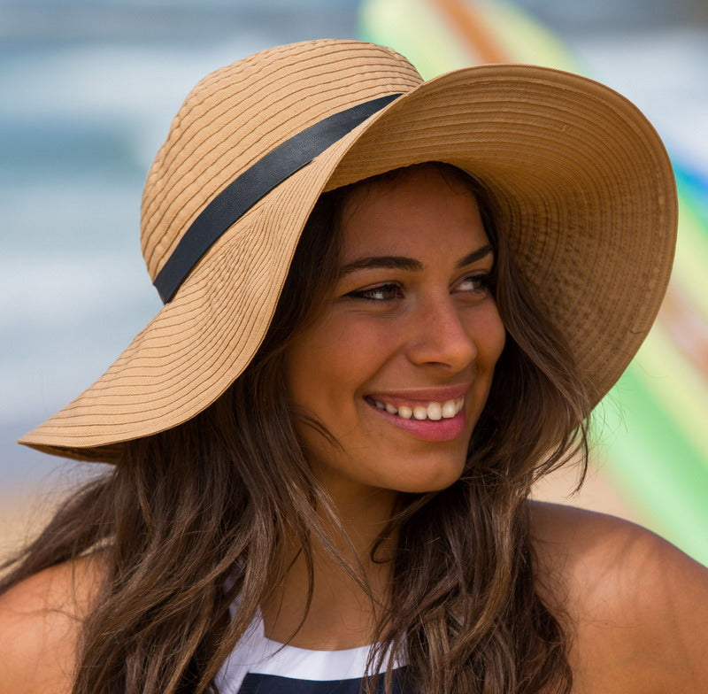 Stylish Mariah capeline sun hat in latte with adjustable size, 50+ UV protection, and faux leather trim.