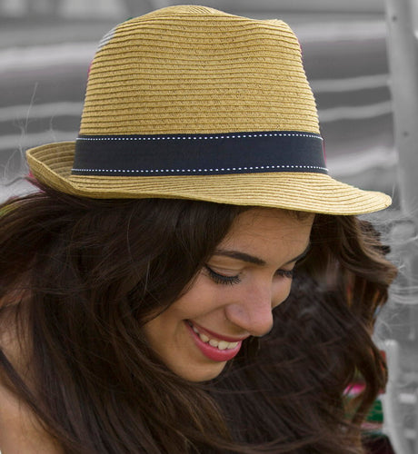 Stylish unisex Trixie Natural Trilby sun hat with black ribbon, 58cm size, offers UV protection PF 50+.