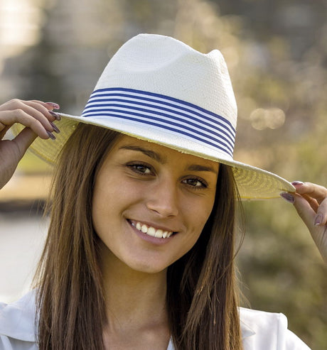 Unisex striped fedora with ivory crown and braided brim, offering UV protection and stylish shade coverage.