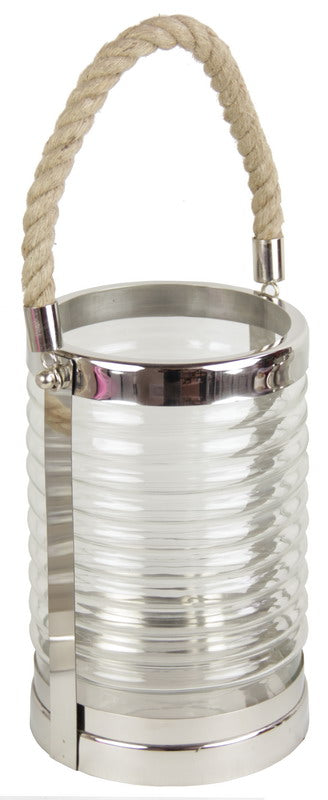 Stylish medium stainless steel lantern with glass sides and jute handles, perfect for indoor or outdoor ambiance.
