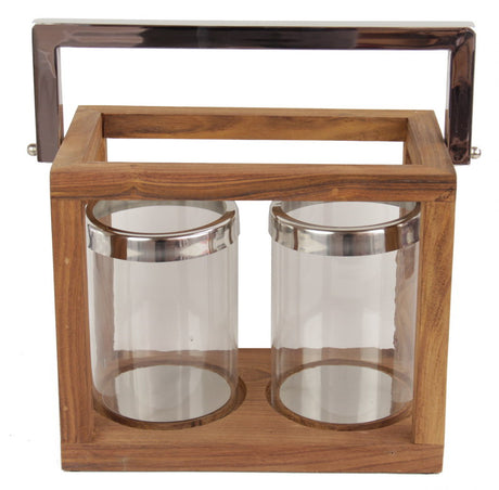 Elegant 30cm stainless steel and wood lantern candle holder, perfect for indoor or outdoor decor, featuring a sturdy handle.