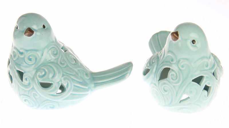 Ornament - Ceramic Birds w/ curl Aqua (SET OF 2)