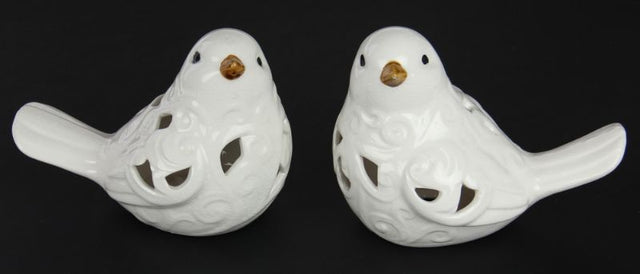 Set of 2 white ceramic birds with curls, charming decor accents for modern or rustic homes, measuring 16 x 10 x 11cm.