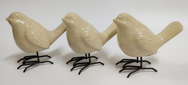 Set of 3 white bird ornaments with crackle finish, perfect for adding elegance and charm to any home decor.