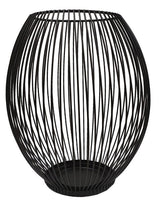 Sleek black wire candle holder, 23cm tall, perfect for pillars or tea lights, adds elegance to any decor.