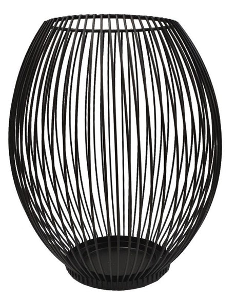 Sleek black wire candle holder, 23cm tall, perfect for pillars or tea lights, adds elegance to any decor.