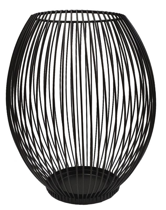 Sleek black wire candle holder, 23cm tall, perfect for pillars or tea lights, adds elegance to any decor.
