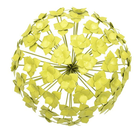 Vibrant yellow metal wall art in flower burst design, perfect for adding color and style to any interior or exterior space.