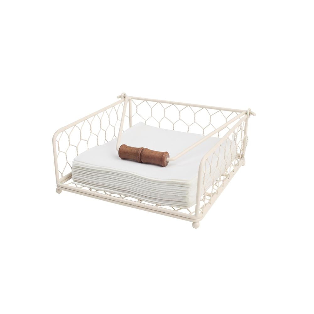 Cream wire napkin holder from Uncle Zito's Provence Collection, stylish and functional for any dining setting.