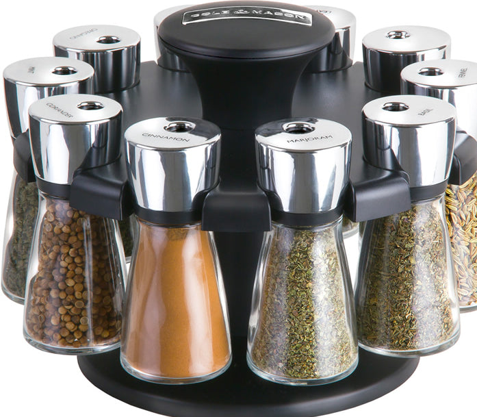 10 Jar Herb & Spice Carousel featuring glass jars with chrome caps for easy access and elegant kitchen organization.