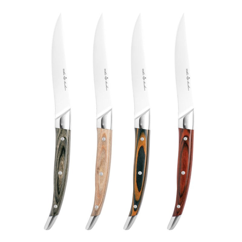 Premium Wilkie Pakka 4-piece steak knife set with ergonomic Pakkawood handles and sharp stainless steel blades.