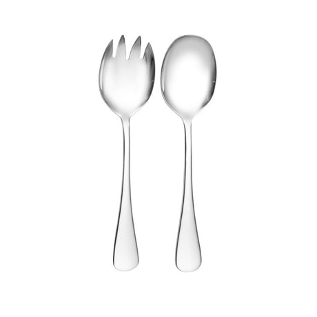 Elegant 18/10 stainless steel salad set with mirror polish, including a fork and spoon, beautifully packaged for gifting.