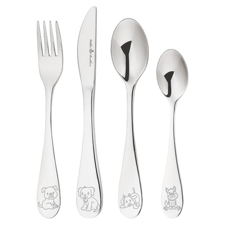 Adorable Wilkie Puppy kids cutlery set (fork, knife, spoon) designed for toddlers, made of durable stainless steel.