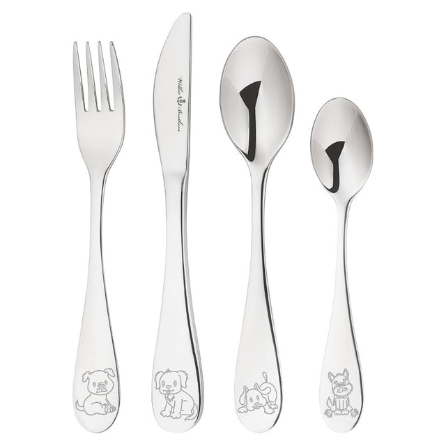 Adorable Wilkie Puppy kids cutlery set (fork, knife, spoon) designed for toddlers, made of durable stainless steel.