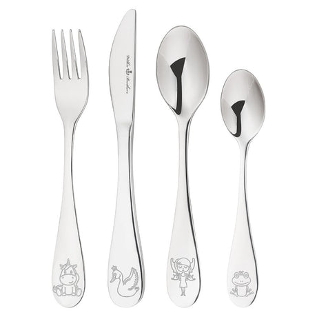 Child-friendly 4pc Wilkie Fairytale cutlery set, featuring embossed characters and durable stainless steel for magical mealtimes.