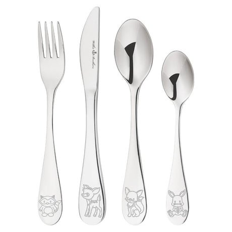 Whimsical 4-piece kids cutlery set featuring woodland characters, made from durable stainless steel for small hands.