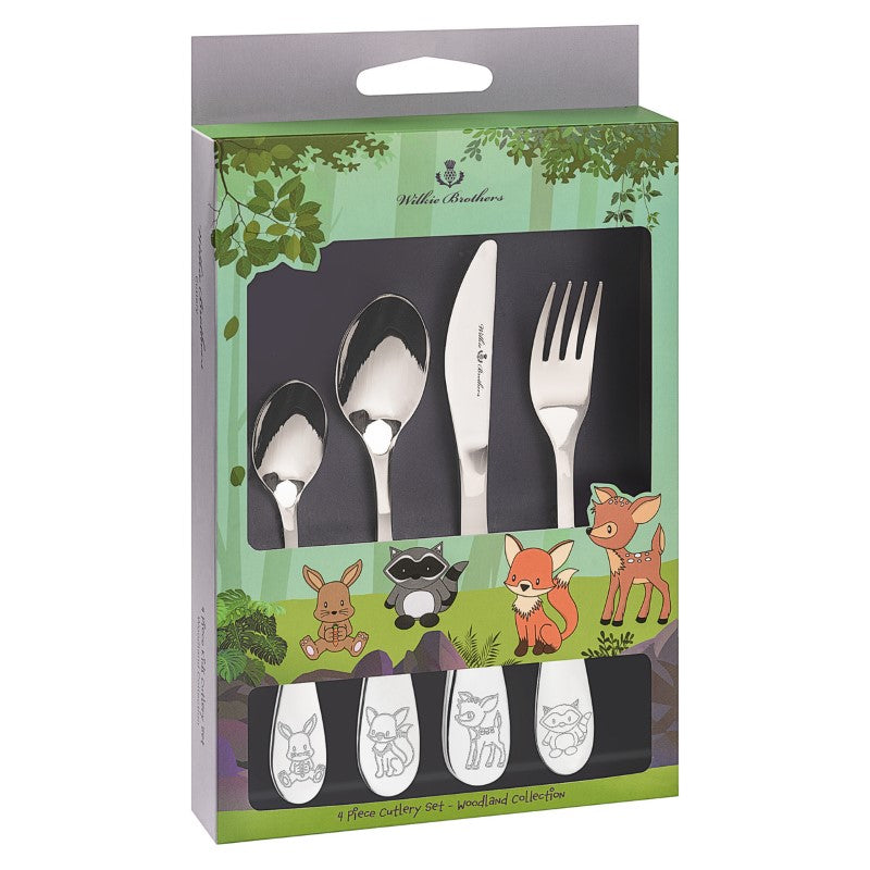 Whimsical 4-piece kids cutlery set with embossed woodland characters, made from durable stainless steel for little hands.