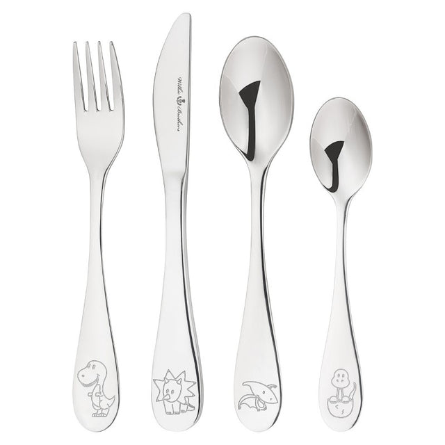 Kids cutlery set featuring playful dinosaur design, made from premium stainless steel with a high-mirror finish.