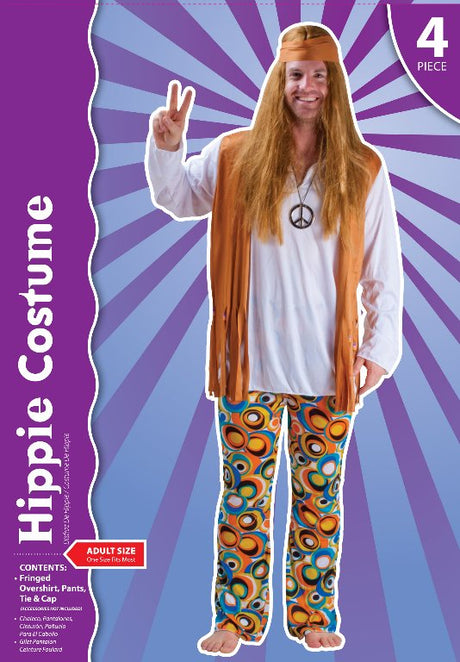 Colorful men's hippie costume with fringed shirt, vibrant pants, headband, and belt, perfect for festivals and themed parties.
