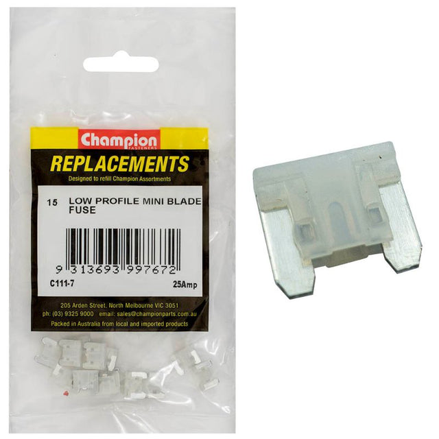 Clear 25Amp low-profile mini blade fuses in a 15-pack, designed for reliable automotive electrical protection and easy visual inspection.