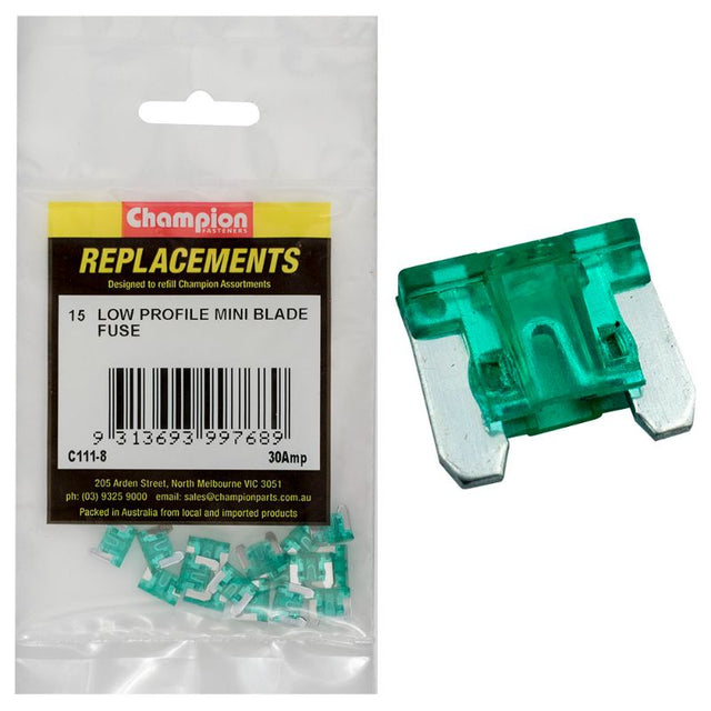 Green Champion 30Amp low profile mini blade fuses in a 15-pack, designed for reliable automotive electrical protection.