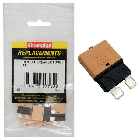 Five-pack of Champion AF 5Amp Circuit Breaker Blade Fuses for reliable automotive protection and easy installation.