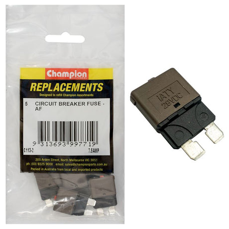 5-pack of Champion 7.5Amp circuit breaker blade fuses for reliable electrical protection in vehicles and boats.