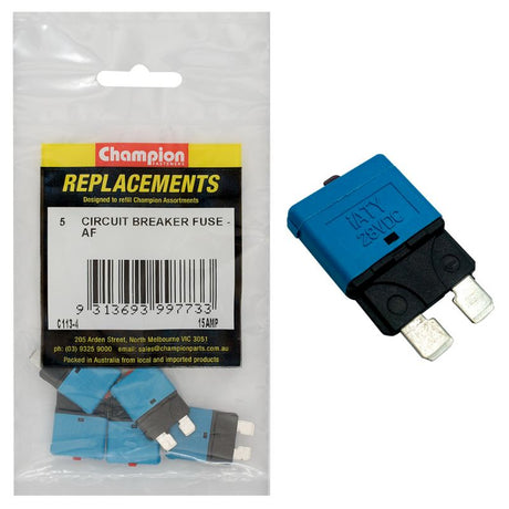 Five Champion AF 15Amp circuit breaker blade fuses, ideal for automotive and marine electrical system protection.