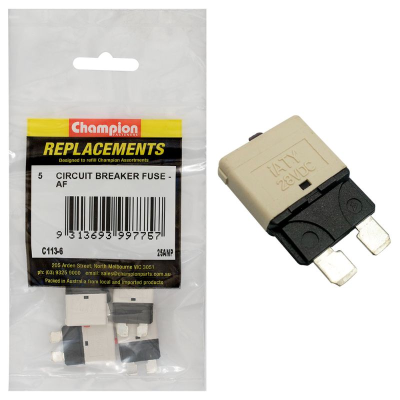 Five-pack of Champion AF 25Amp circuit breaker blade fuses for reliable automotive electrical protection against overloads.