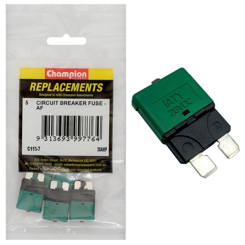 High-performance 30Amp circuit breaker blade fuses in a 5-pack, designed for reliable automotive electrical protection.