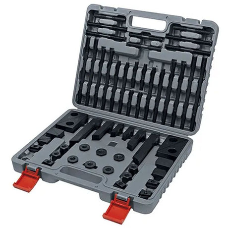 ITM 58pc T-Slot Clamp Kit for 12mm T-Slot tables, featuring nuts, blocks, and clamps for versatile clamping solutions.