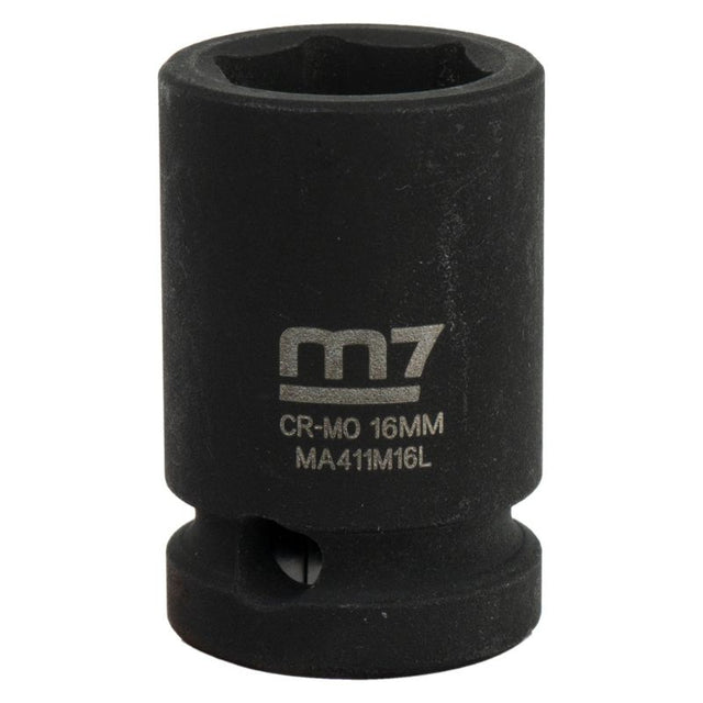 M7 Impact Socket 1/2in Drive 16mm, designed for durability and torque in automotive repairs, featuring a deep 12mm design.