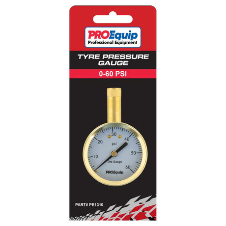 ProEquip Tyre Gauge with 0-60 PSI range, straight chuck, protective steel casing, and clear 54mm acrylic dial for accurate readings.