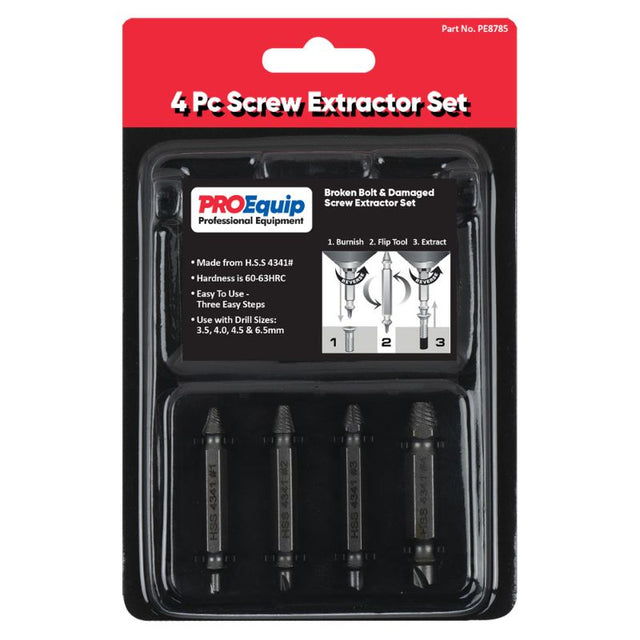 ProEquip 4 Pc Screw Extractor Set: Durable high-speed steel extractors for effortless removal of stripped screws and bolts.