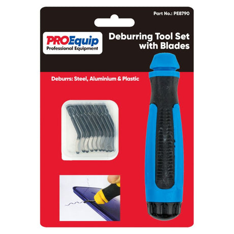 ProEquip Deburring Tool Set with 10 HSS blades for smooth deburring on steel, aluminum, plastic, and various edges.