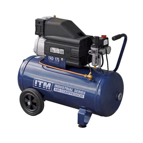 ITM Air Compressor 2.5HP Direct Drive with 50L tank, featuring robust motor, high pressure, and easy mobility on 200mm wheels.