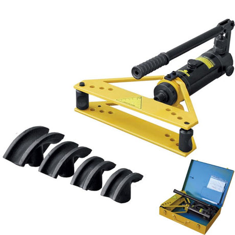 Hydraulic pipe bender for 3/8" to 1" pipes, featuring durable cast iron shoes and precise 0° to 90° bending capability.