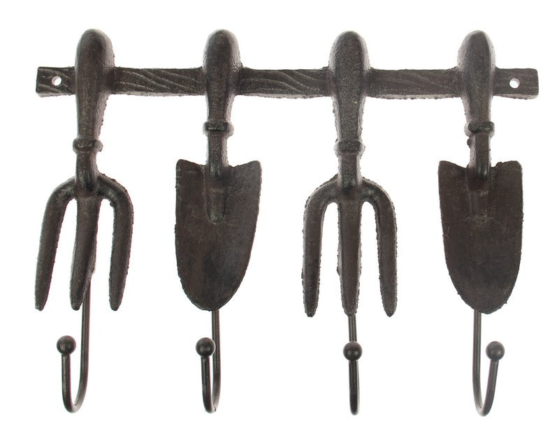 Stylish 100% iron garden tools hook, 18cm x 20cm, for organizing shovels and rakes while adding rustic charm.