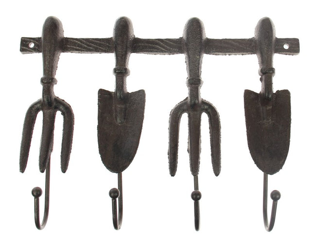 Stylish 100% iron garden tools hook, 18cm x 20cm, for organizing shovels and rakes while adding rustic charm.