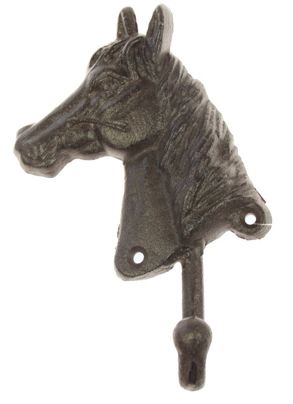 Elegant iron horse head wall hook, measuring 12 x 19cmH, perfect for hanging keys or decorative items in equestrian-themed decor.