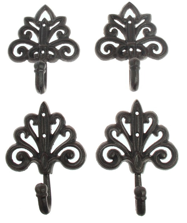 Fleur de Lys Iron Hooks Set of 4, elegant design for coats and decor, perfect for any stylish home.