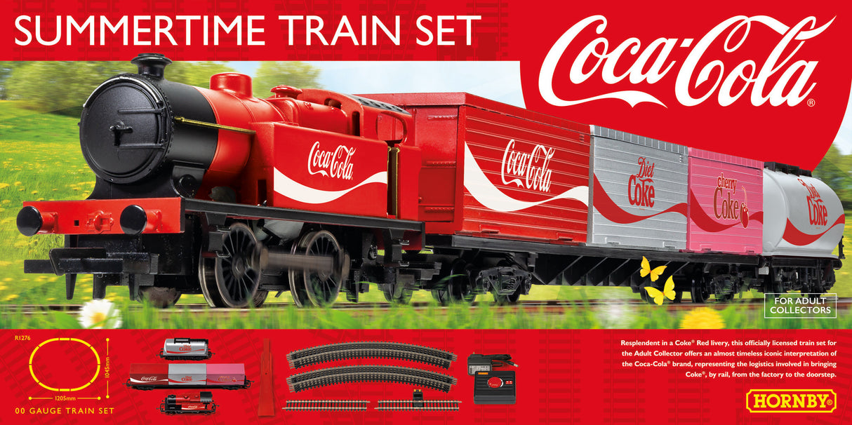 Hornby Summertime Coca-Cola train set featuring a vibrant Coke® Red locomotive and wagons, perfect for collectors and beginners.