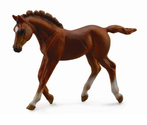 Thoroughbred foal figurine in chestnut hue, measuring 10.7 cm x 7.9 cm, showcasing detailed craftsmanship by CollectA.